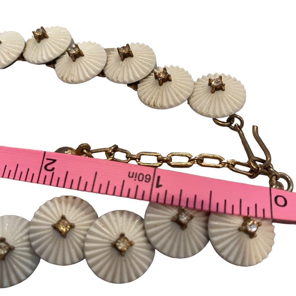 Crown Trifari white disks necklace Milk Glass Rhinestone Necklace Pom Pom Design - Picture 9 of 9